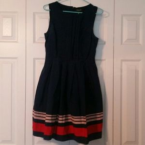 Dark blue dress with cream and red stripes